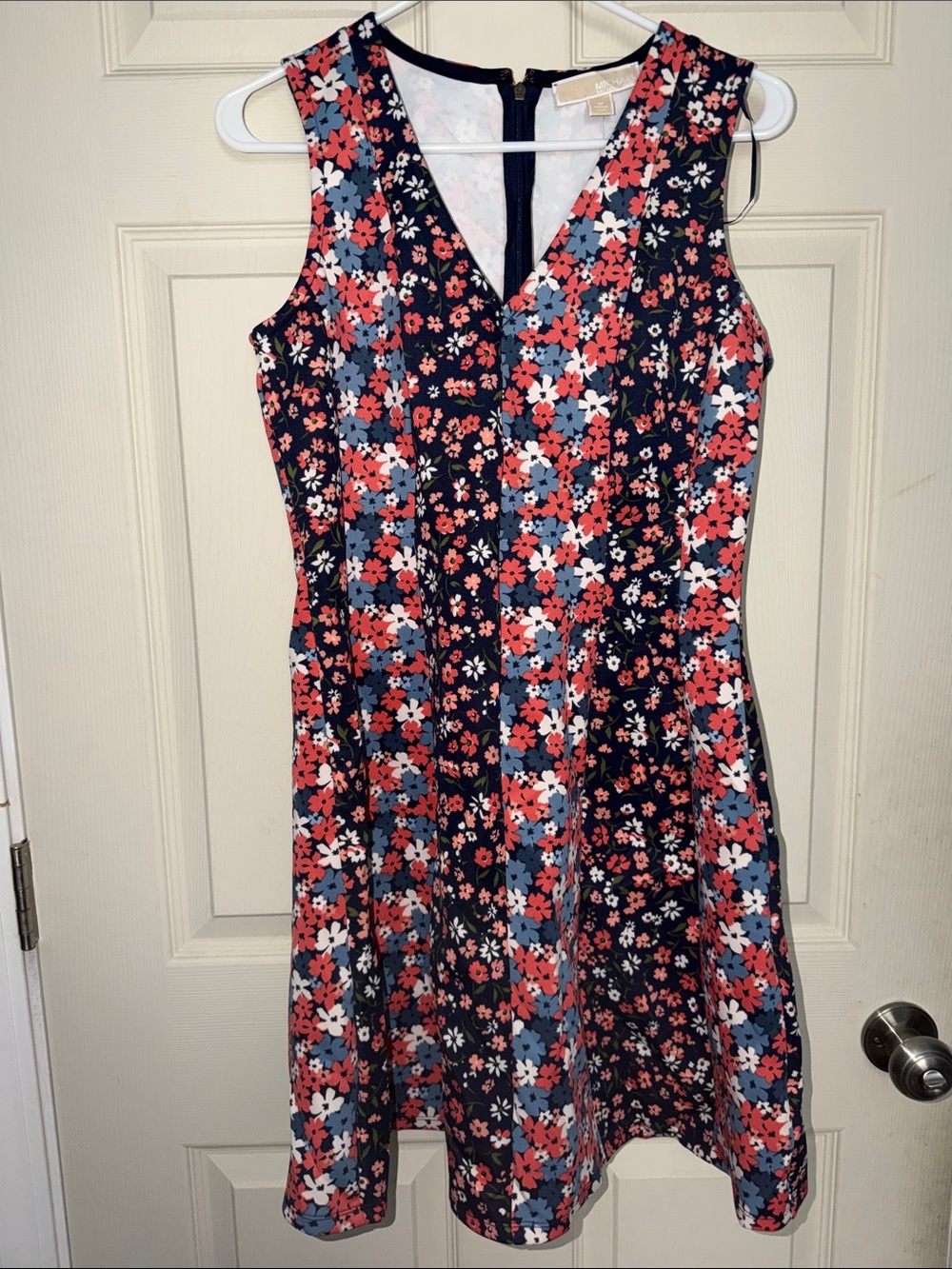 Michael Kors Navy Floral Midi Dress with Coral and Light Blue Flowers
